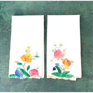 Cotton embroidered guest towels white & multicolor floral Asian flowers motif